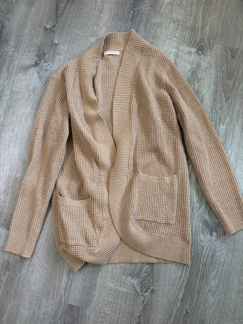 Open-Front Waffle Knit Cardigan in Camel